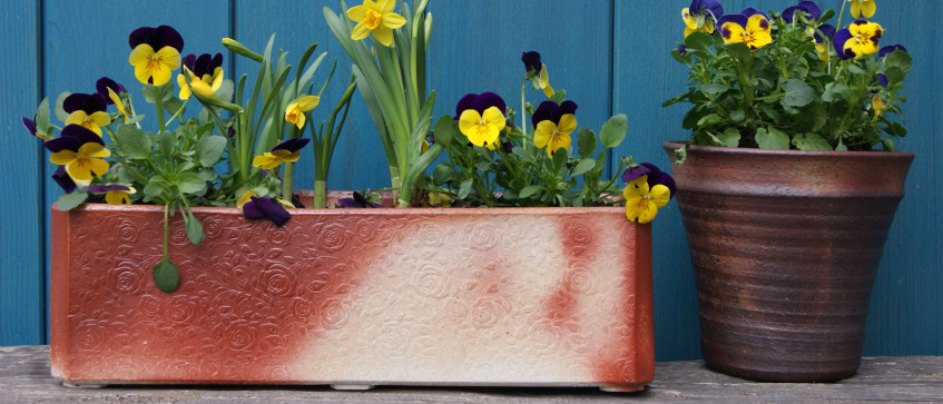 Blumenkasten und Blumentopf aus Holzbrandkeramik mit Stiefmütterchen bepflanzt